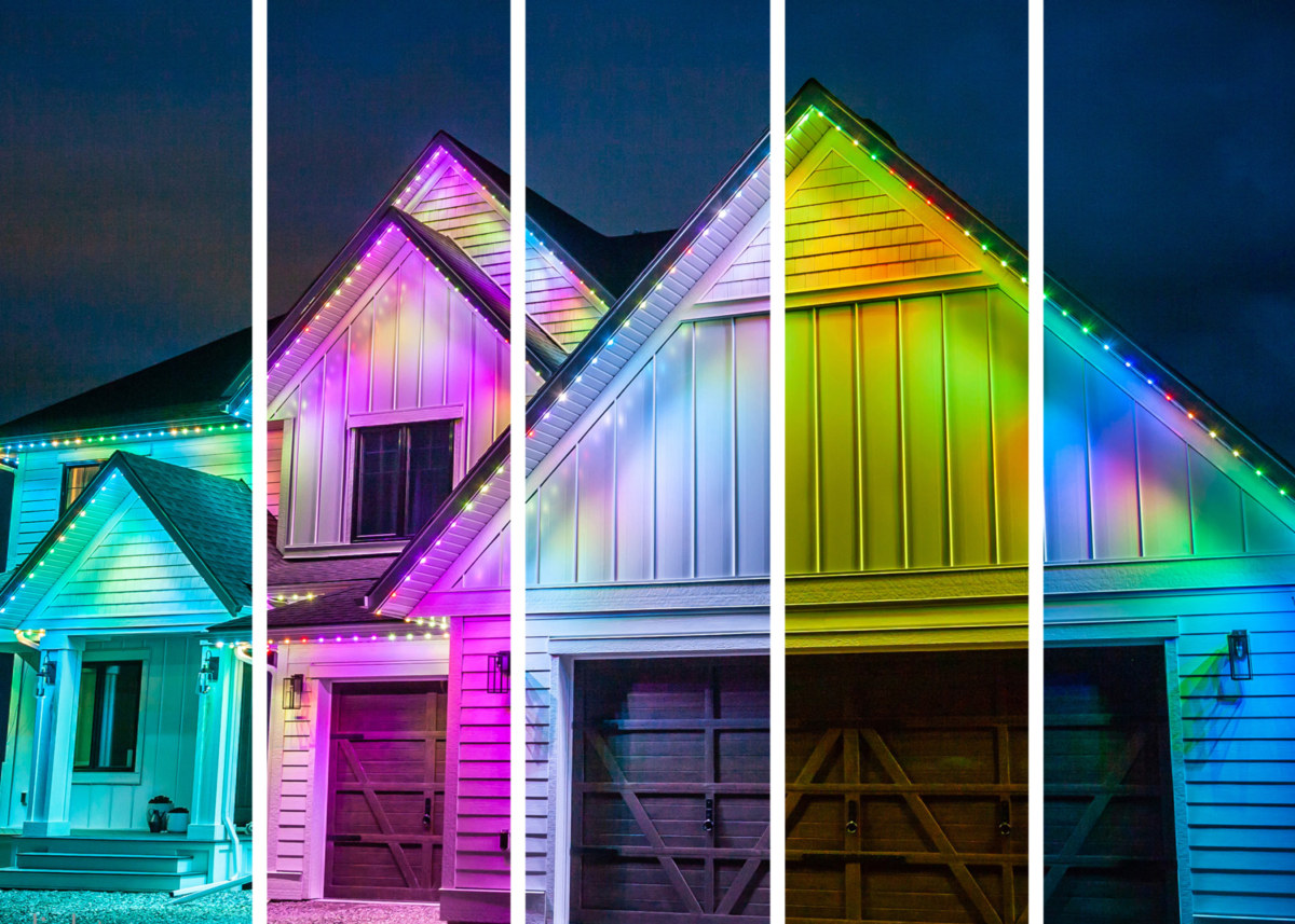 A house split into 5 segments each with different coloured lights.