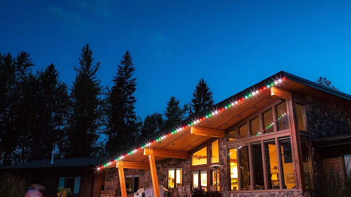A brown house is lit up with outdoor LED lighting.