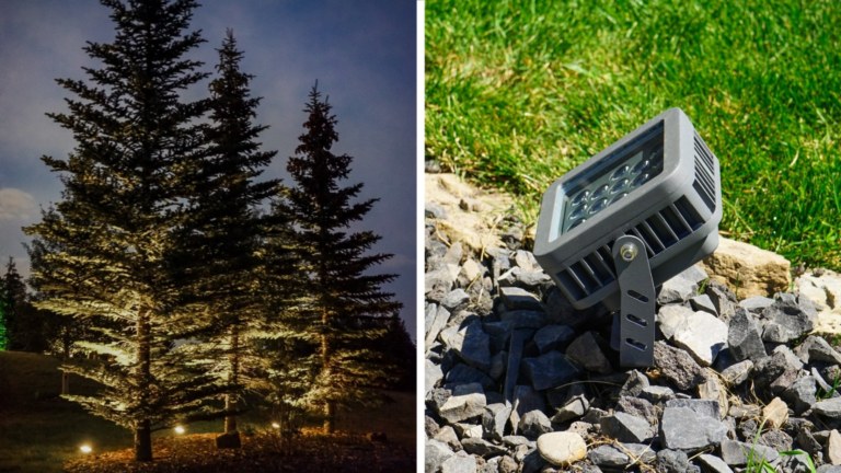 Two pictures one of pine trees lit up with Gemstone Lights LED Flood Lights and one of the floodlight itself.