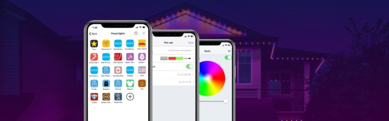 3 images of phone screens with an illuminated house in the background. The first screen is full of apps, the second is a view of inside the Gemstone Lights Hub App, and the third shows the colour selector wheel.