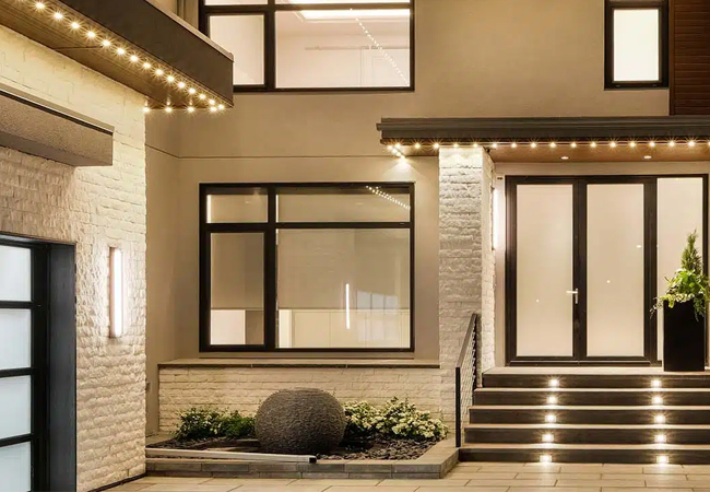 A white brick exterior entrance with metal back doors has white lights around the roof line and in the steps.